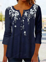 Loose Long Sleeve Crew Neck Floral Casual Regular Blouse