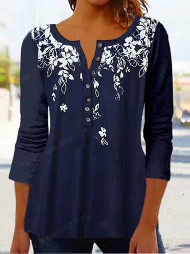 Loose Long Sleeve Crew Neck Floral Casual Regular Blouse