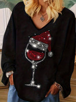 Loose Long Sleeve V Neck Christmas Wine Glass Casual Regular Blouse