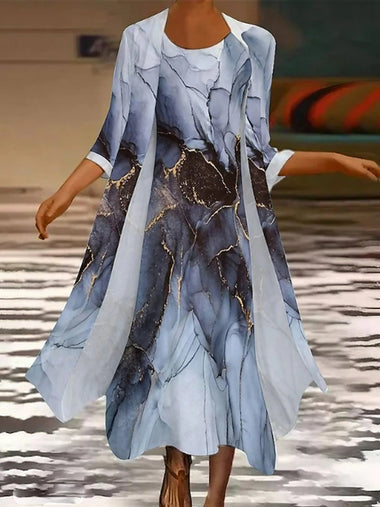 Casual Three Quarter Sleeve Crew Neck Random Print Loose Maxi Dress