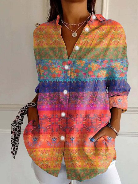 Casual Long Sleeve Shirt Collar Abstract Floral Loose Regular Shirt