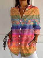 Casual Long Sleeve Shirt Collar Abstract Floral Loose Regular Shirt