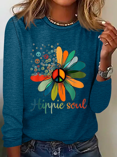 Vintage Long Sleeve Crew Neck Floral Text Letters Loose Regular T-Shirt