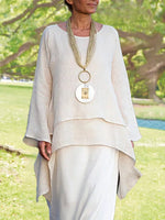 Loose Long Sleeve Crew Neck Plain Split Joint Linen Mid-Long Blouse