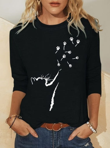 Loose Long Sleeve Crew Neck Cat Casual Regular T-Shirt