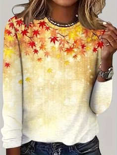 Casual Long Sleeve Crew Neck Maple Leaf Loose Regular T-Shirt
