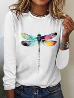 Casual Long Sleeve Crew Neck Dragonfly Loose Regular T-Shirt