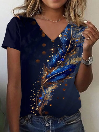 Loose Short Sleeve V Neck Feather Pattern Casual Regular T-Shirt