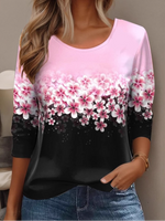 Loose Long Sleeve Crew Neck Ethnic Floral Casual Regular T-Shirt