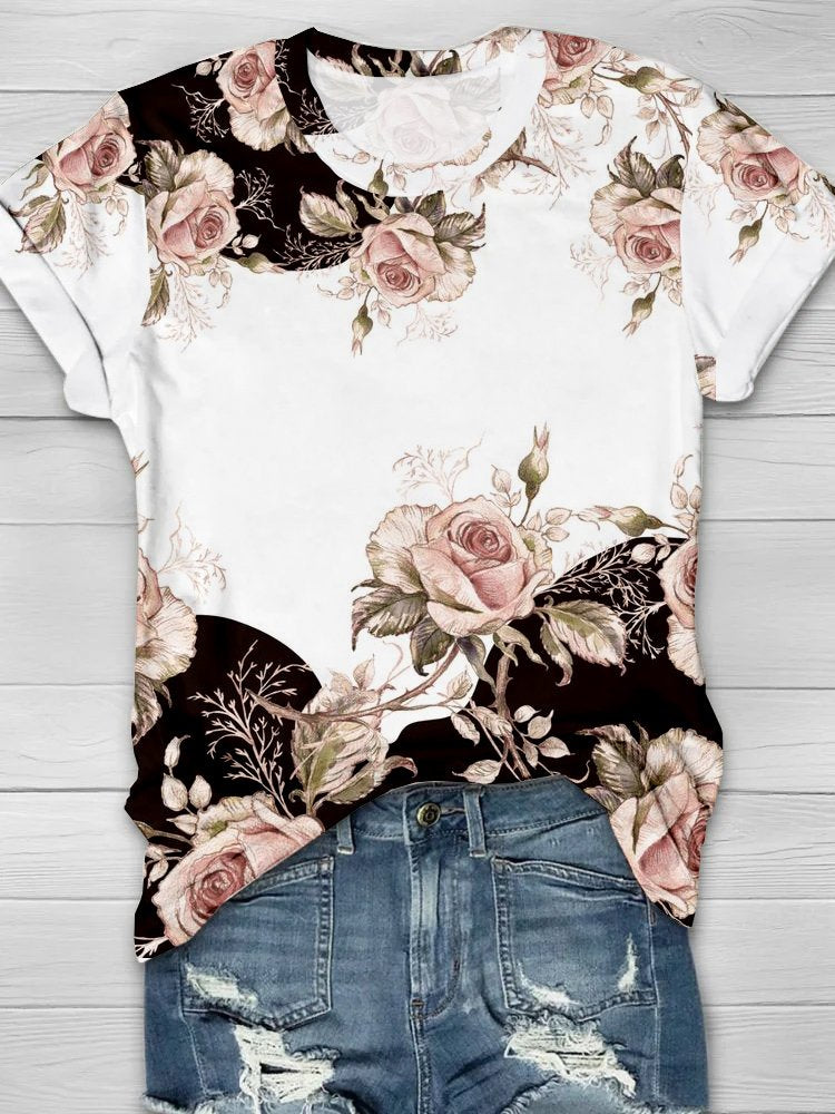 Loose Short Sleeve Crew Neck Floral Casual Regular T-Shirt