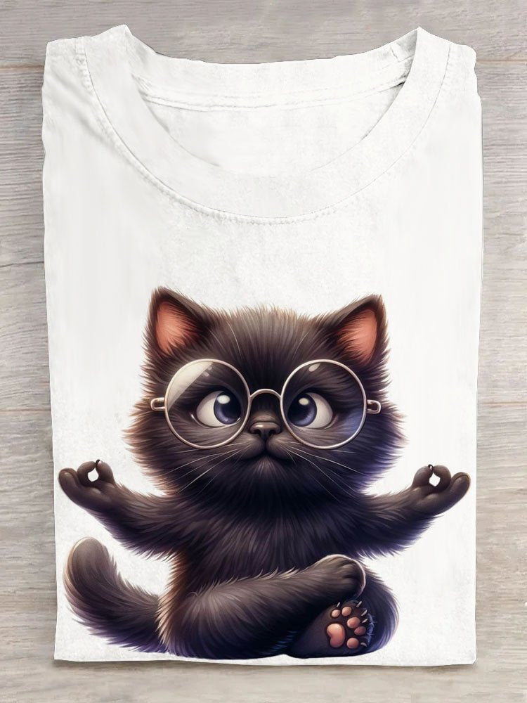 Casual Short Sleeve Crew Neck Cat Loose Regular T-Shirt