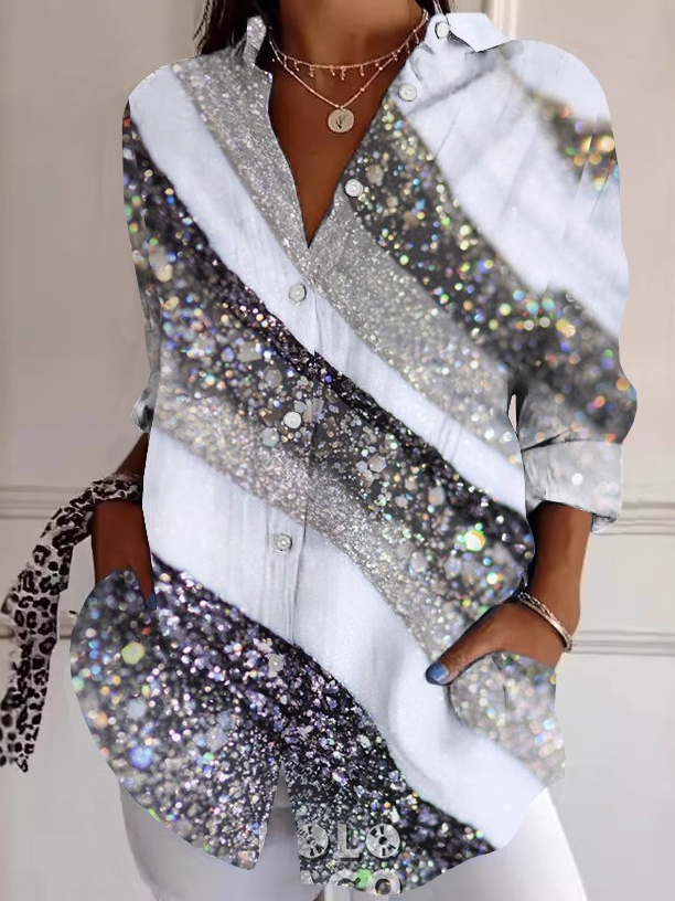 Casual Long Sleeve Shirt Collar Geometric Loose Regular Shirt