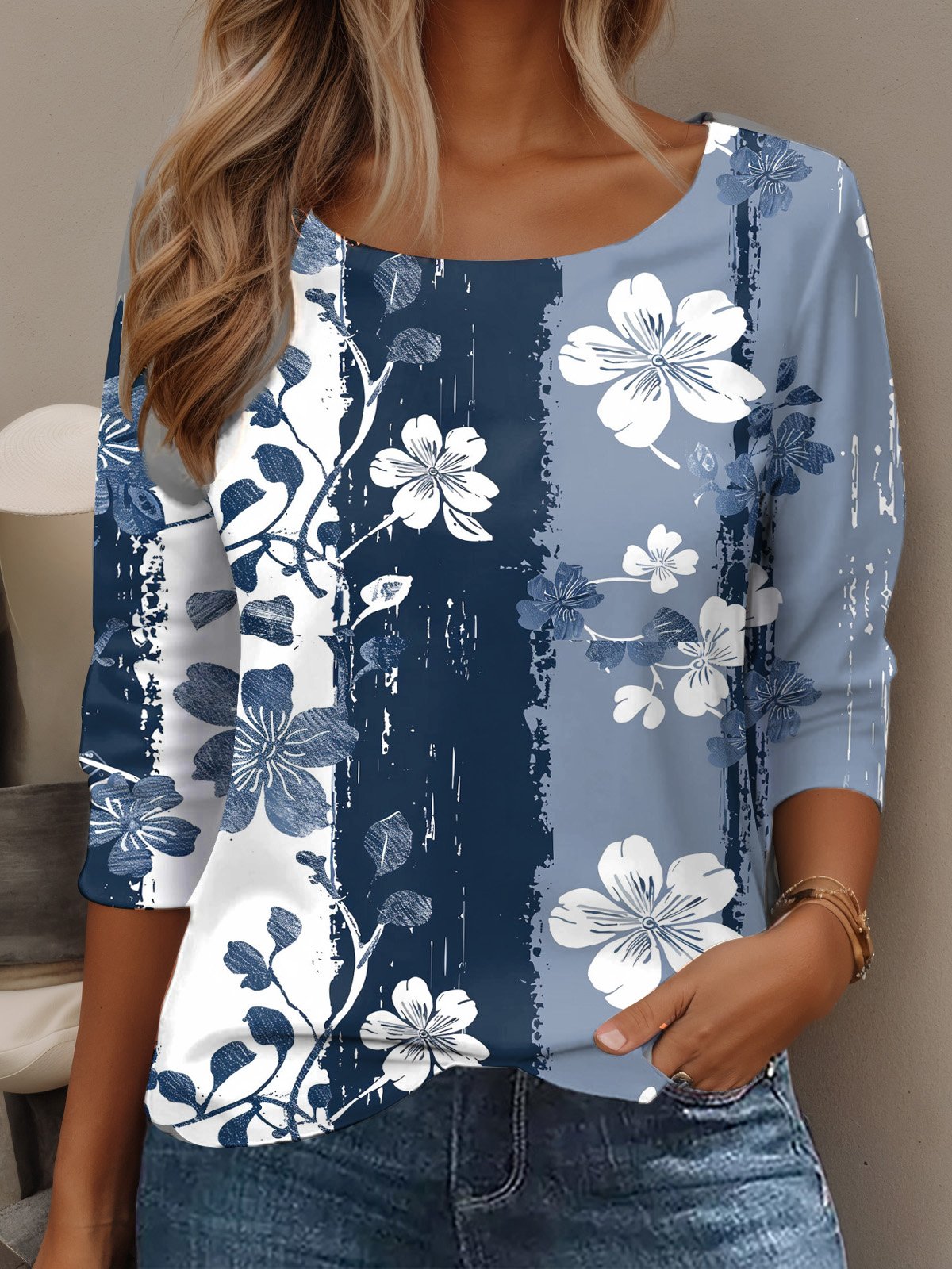 Casual Long Sleeve Crew Neck Floral Loose Regular T-Shirt