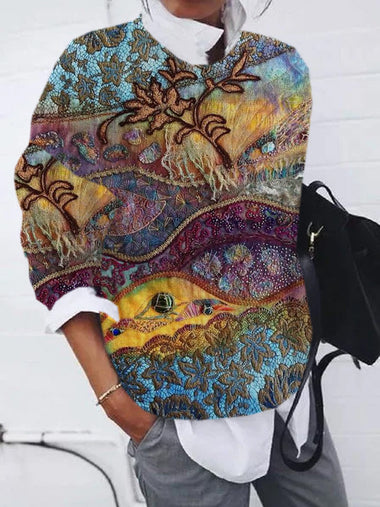 Casual Long Sleeve Crew Neck Abstract Zipper Loose Regular Sweatshirt