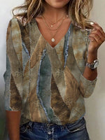 Casual Long Sleeve V Neck Geometric Regular T-Shirt