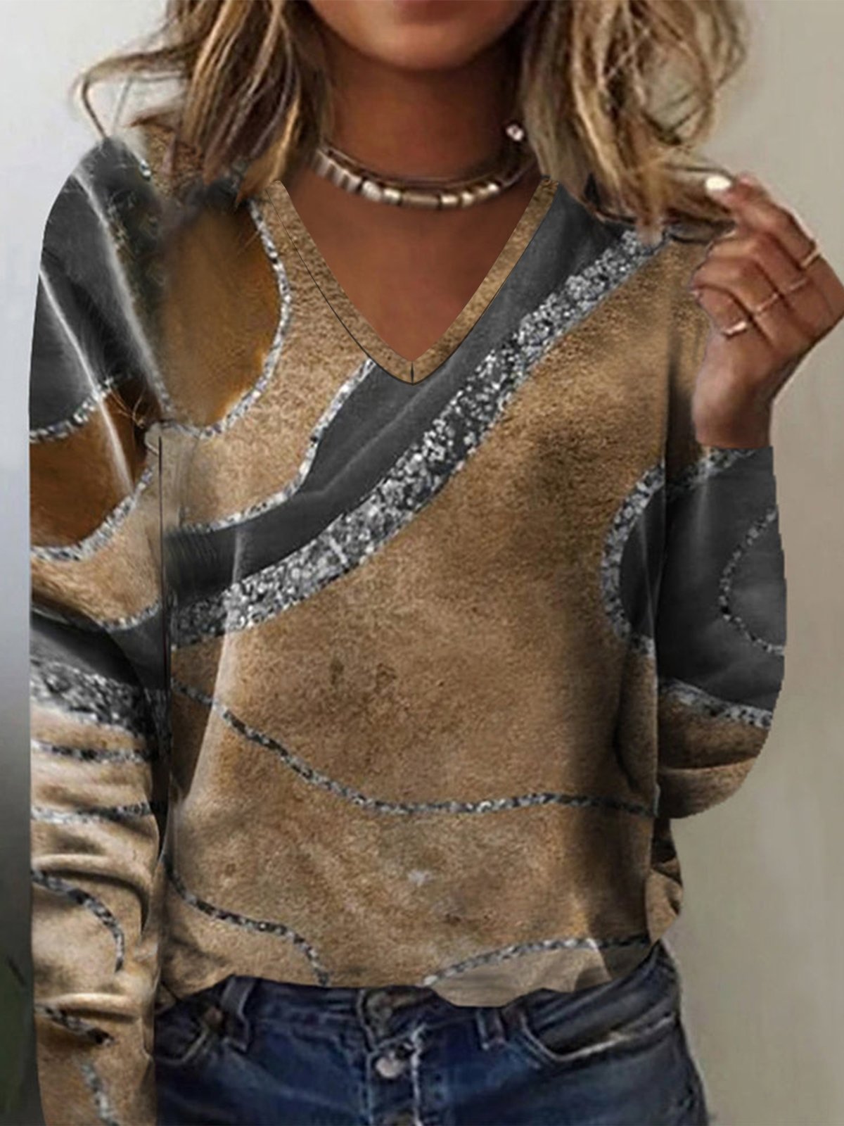 Casual Long Sleeve V Neck Ombre Loose Regular T-Shirt