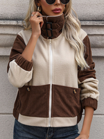 Loose Stand Collar Long Sleeve Color Block Casual Regular Jacket