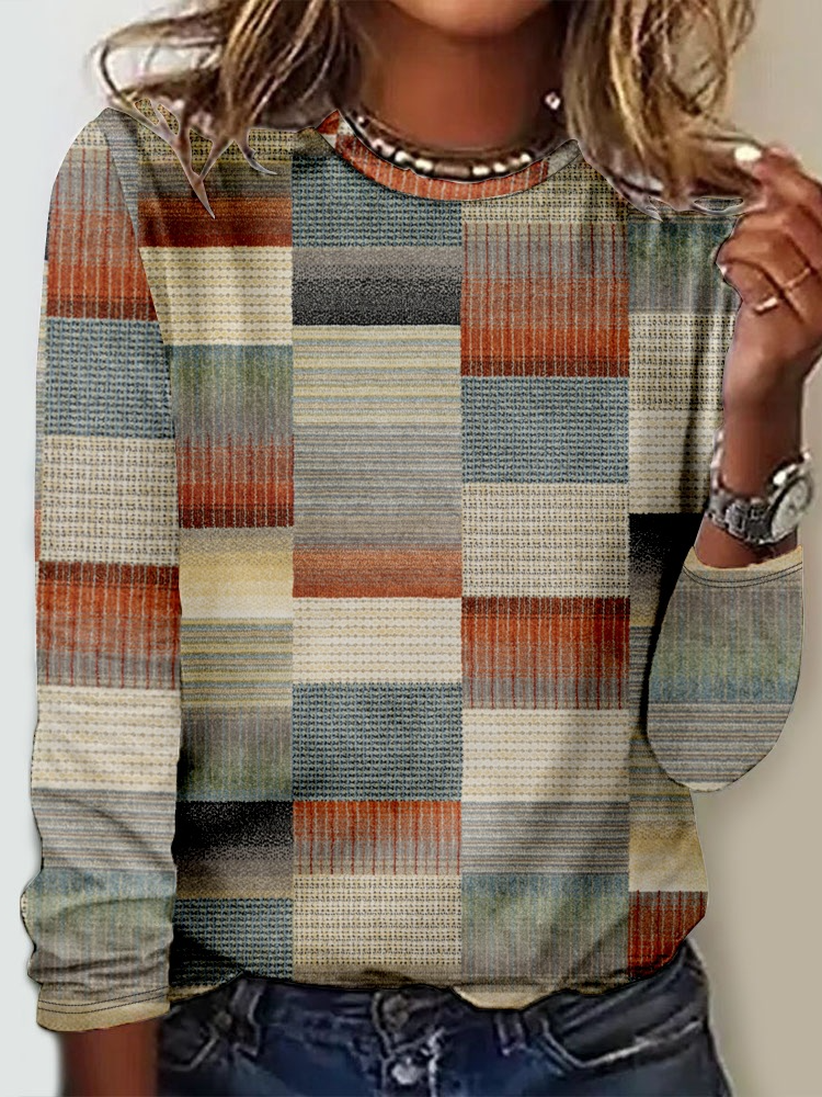 Casual Long Sleeve Crew Neck Geometric Loose Regular T-Shirt