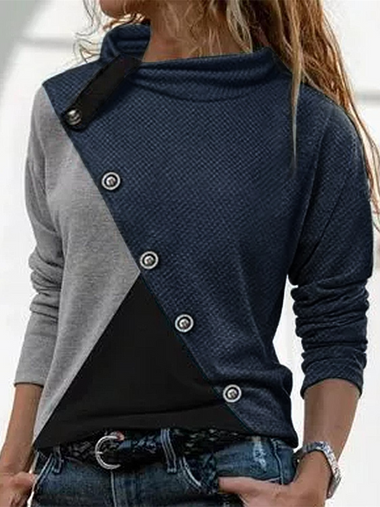 Loose Long Sleeve Color Block Casual Regular Blouse