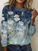 Casual Long Sleeve Crew Neck Floral Loose Regular T-Shirt