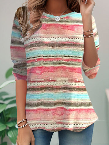 Casual Long Sleeve Crew Neck Striped Loose Regular T-Shirt