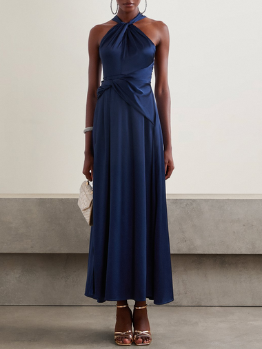 Elegant Sleeveless Halter Plain Ruched Maxi Dress