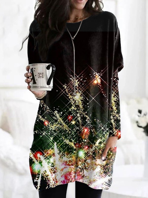 Long Sleeve Crew Neck Geometric Vintage Mid-Long T-Shirt