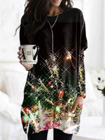 Long Sleeve Crew Neck Geometric Vintage Mid-Long T-Shirt