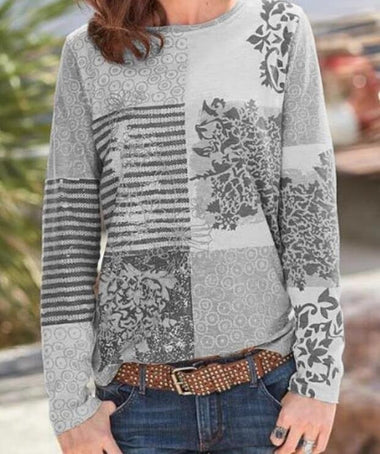 Loose Long Sleeve Crew Neck Floral Casual Regular T-Shirt