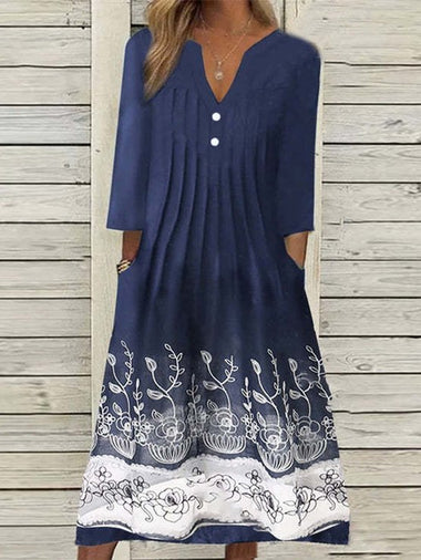 Casual Long Sleeve Asymmetrical Ethnic Floral Loose Maxi Dress