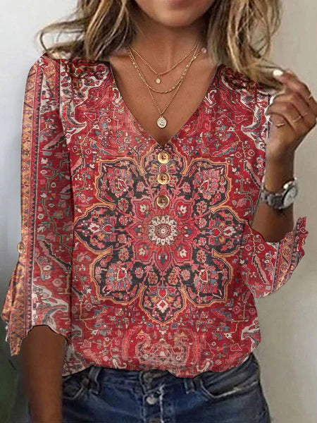 Loose Three Quarter Sleeve V Neck Ethnic Casual Regular T-Shirt