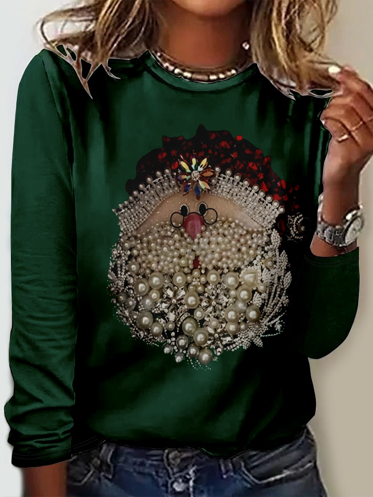 Casual Long Sleeve Crew Neck Christmas Loose Regular T-Shirt
