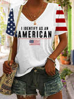 Loose Short Sleeve V Neck Independence Day Casual Regular T-Shirt