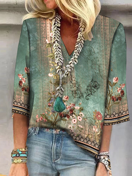 Loose Half Sleeve V Neck Floral Casual Regular Blouse