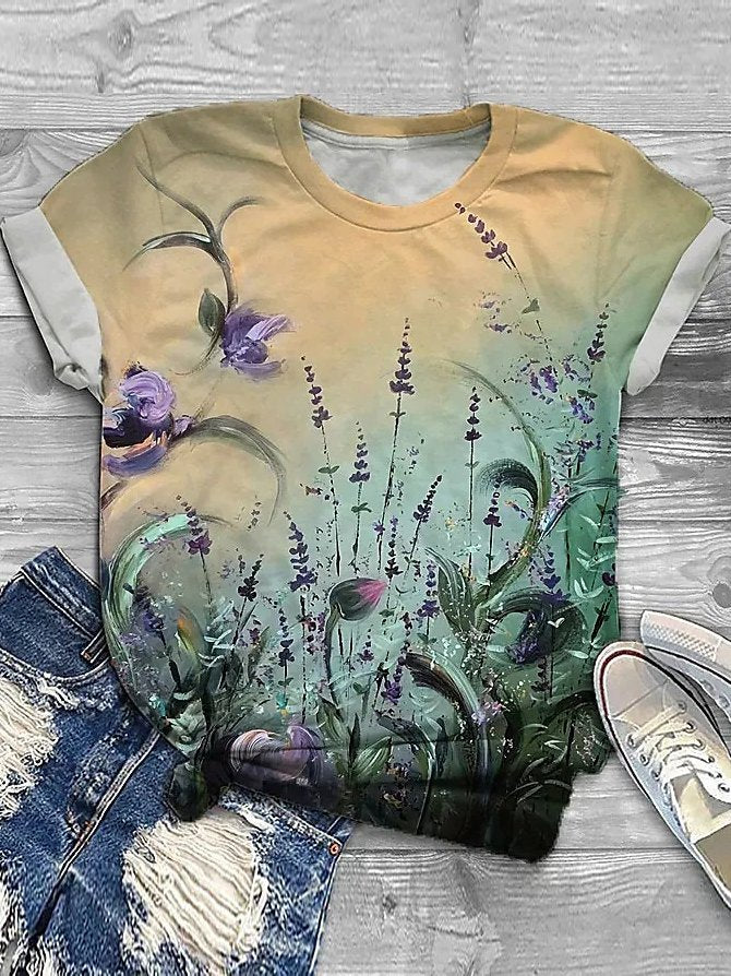 Loose Short Sleeve Crew Neck Floral Casual Regular T-Shirt