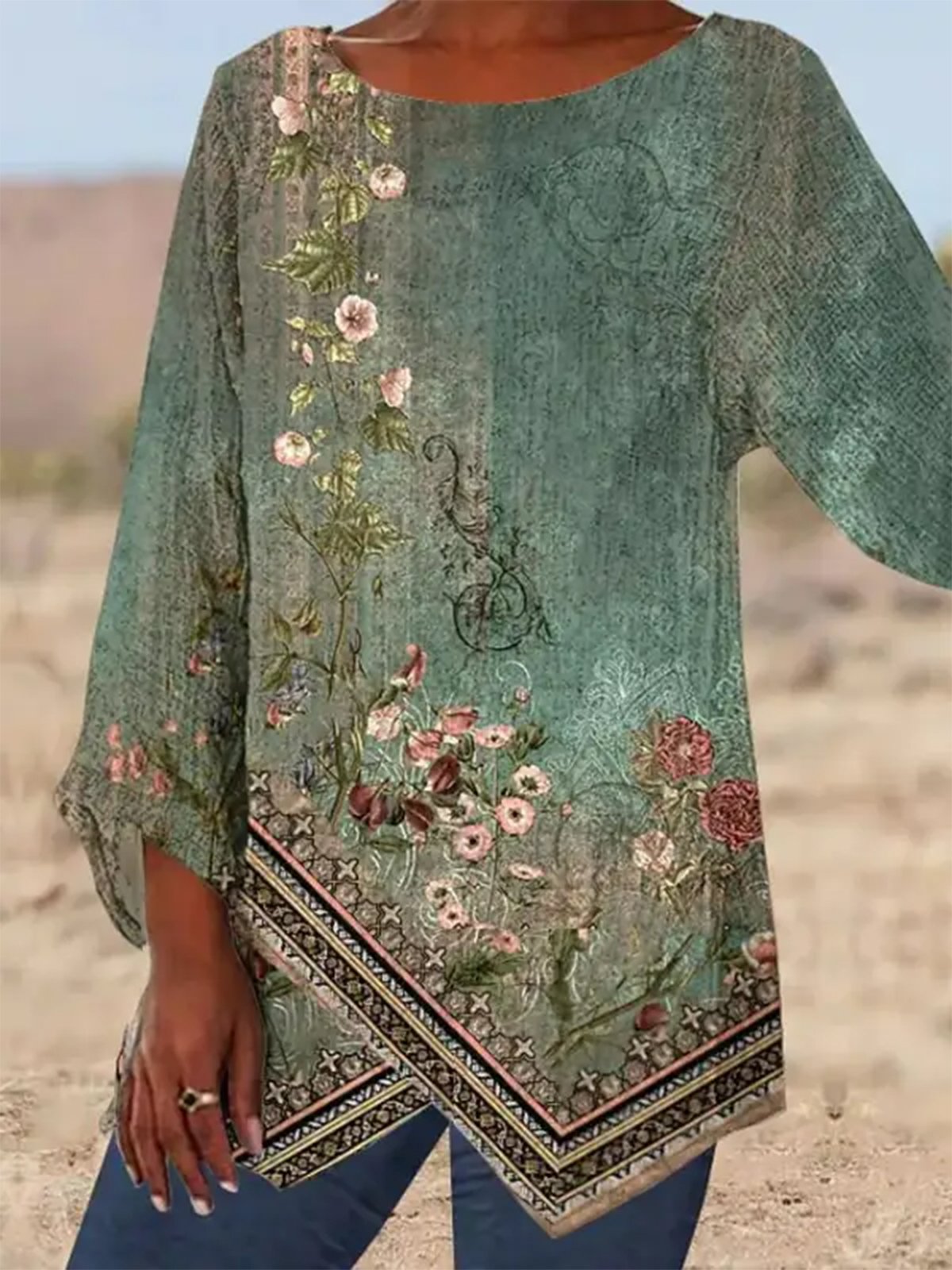 Casual Long Sleeve Crew Neck Ethnic Floral Loose Mid-Long Blouse