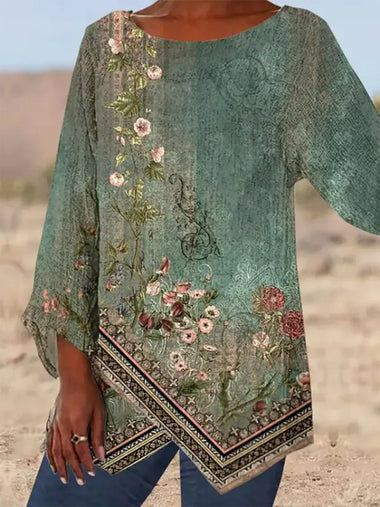 Casual Long Sleeve Crew Neck Ethnic Floral Loose Mid-Long Blouse