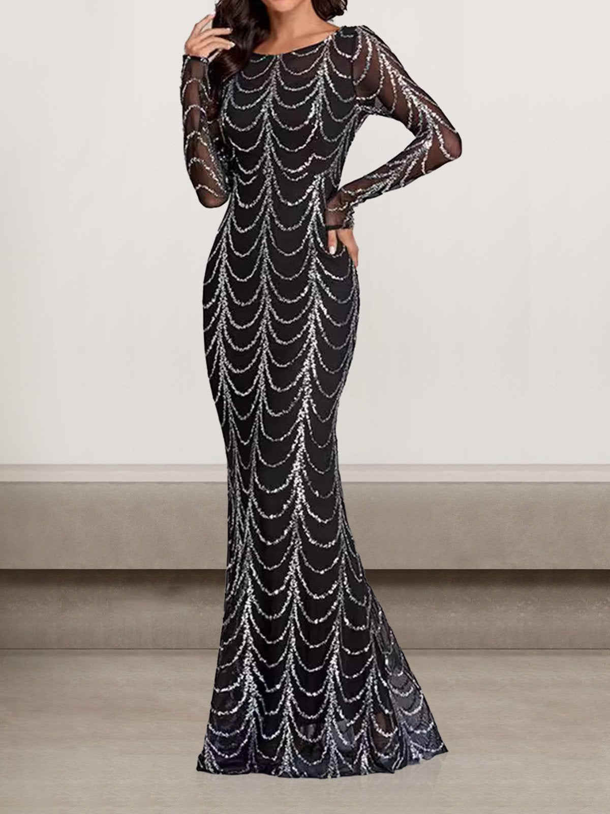 Sexy Long Sleeve Crew Neck Plain Tight Maxi Dress