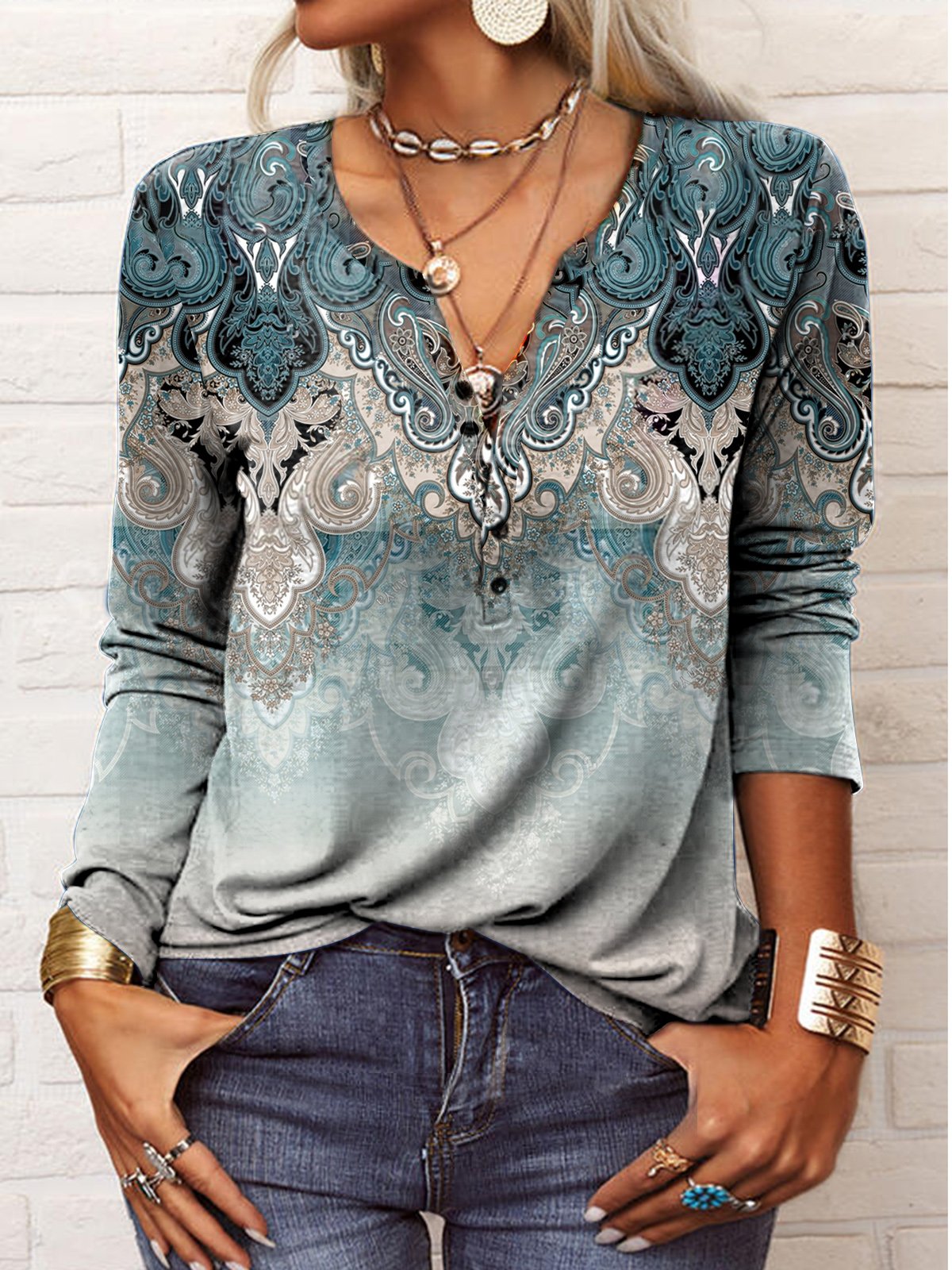 Boho Long Sleeve Half Open Collar Ethnic Regular T-Shirt