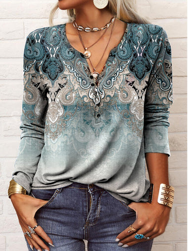 Boho Long Sleeve Half Open Collar Ethnic Regular T-Shirt
