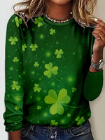 Casual Long Sleeve Crew Neck Four-Leaf Clover Loose Regular T-Shirt