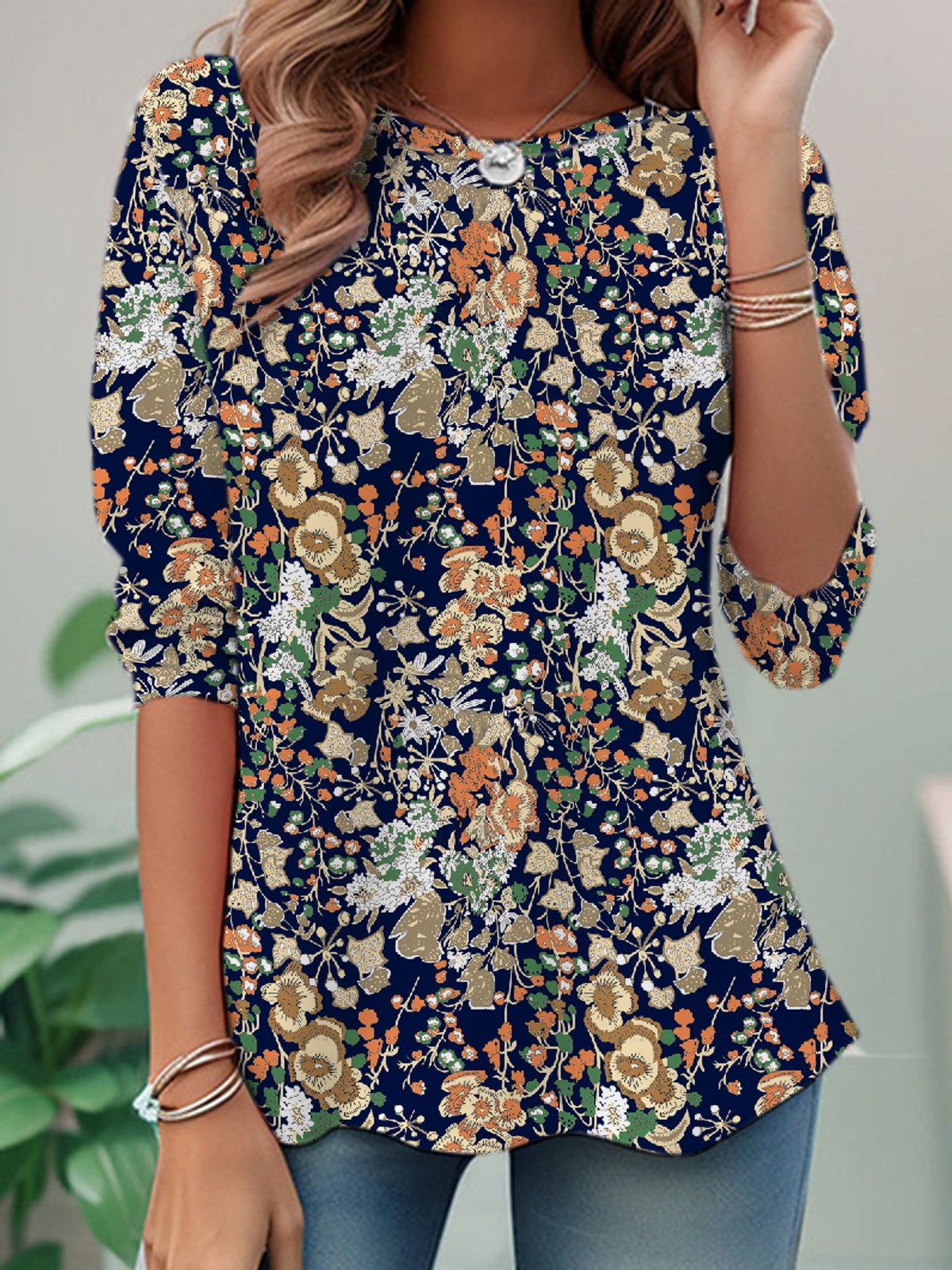 Casual Long Sleeve Crew Neck Floral Loose Regular T-Shirt