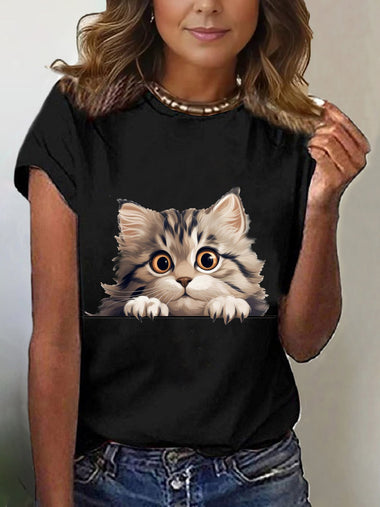 Loose Short Sleeve Crew Neck Cat Casual Regular T-Shirt