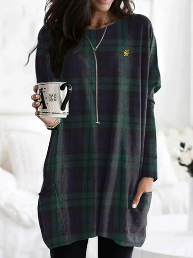 Vintage Long Sleeve Crew Neck Geometric Mid-Long T-Shirt