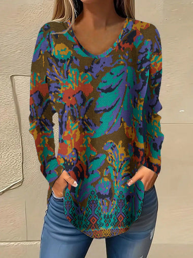 Vintage Long Sleeve V Neck Ethnic Floral Loose Regular T-Shirt