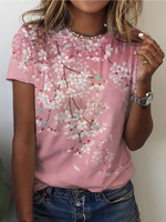 Casual Short Sleeve Crew Neck White Floral Loose Regular T-Shirt