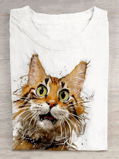 Loose Short Sleeve Crew Neck Cat Casual Regular T-Shirt