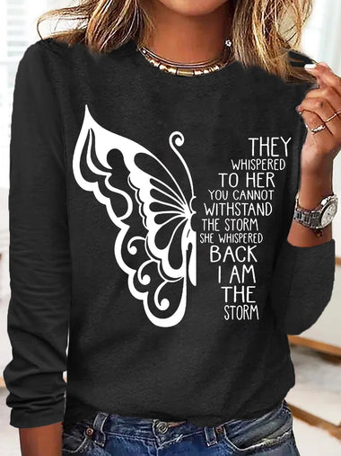 Casual Long Sleeve Crew Neck Text Letters Regular Blouse