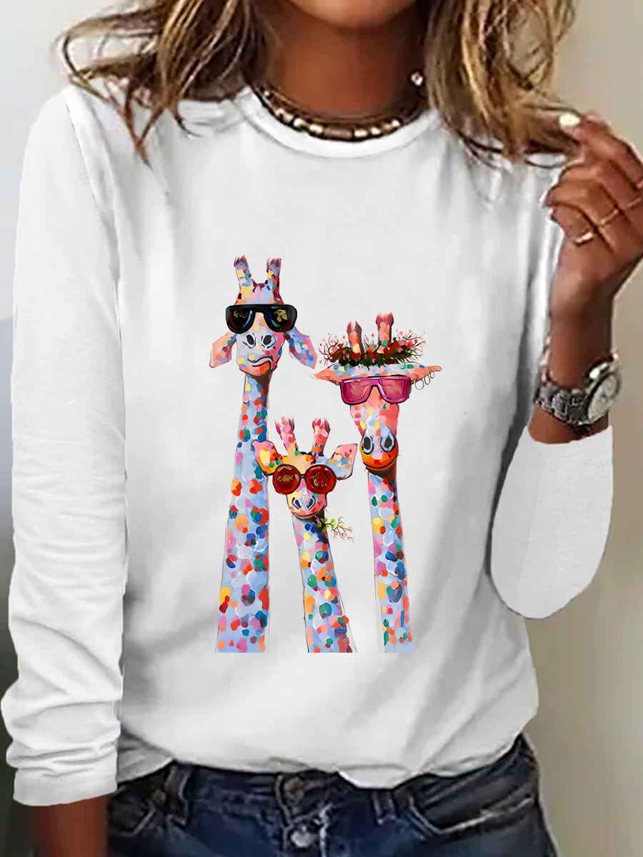 Casual Long Sleeve Crew Neck Cat Loose Regular T-Shirt