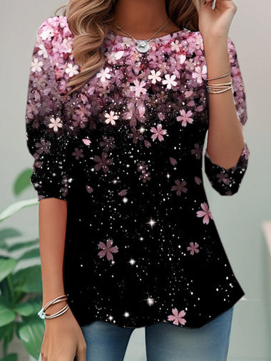 Casual Long Sleeve Crew Neck Floral Loose Regular T-Shirt